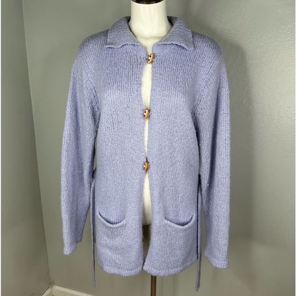 Crossing Pointe Lavender Sweater Cardigan Wool Blend Sweater Belted Size Large - Picture 2 of 14